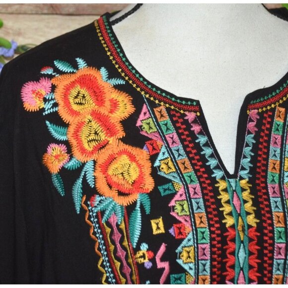 Caleooa Black Boho Embroidered Floral Pullover Blouse Top Plus Size 3X Tunic - Picture 3 of 11